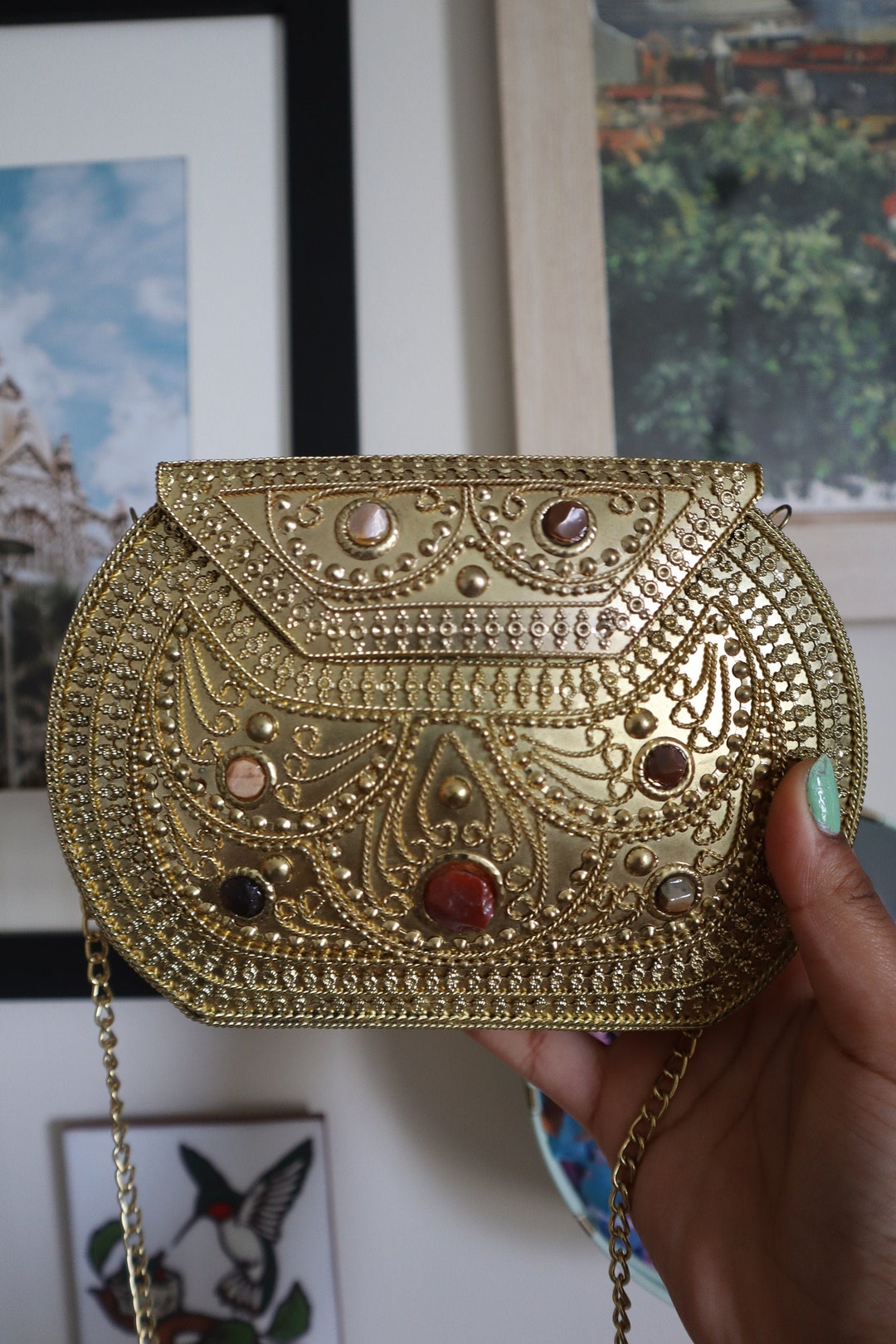 Mosaic Clutch Bag Gold Metal Bag With Stones Clutch Purse Handmade