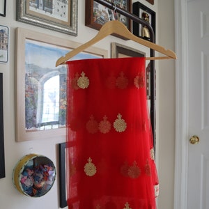 May include: A red sheer saree with gold embroidery and a gold and pink border. The saree is hanging on a wooden hanger.