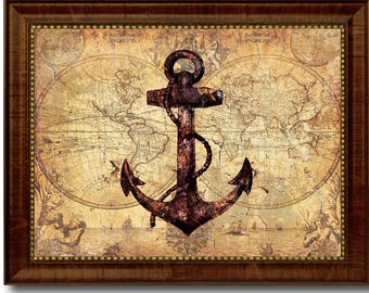 Anchor Nautical Vintage Map Canvas Print with Picture Frame Beach Office Home Decor Wall Art Gift Ideas