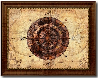 Compass Nautical Vintage Map Canvas Print with Picture Frame Beach Office Home Decor Wall Art Gift Ideas