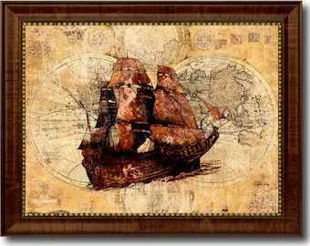 Boat Nautical Vintage Map Canvas Print with Picture Frame Beach Office Home Decor Wall Art Gift Ideas