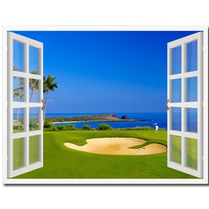 Coastal Golf Course Picture French Window Art Canvas Print with Frame Office Wall Home Decor Collection Gift Ideas image 1