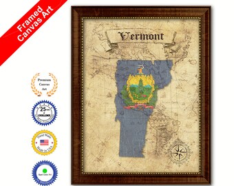 Framed Canvas Print Vermont State Vintage Flag Gifts Home Decor Wall Art Decorative Rustic Urban Office Handcrafted Man Cave Wall Hanging