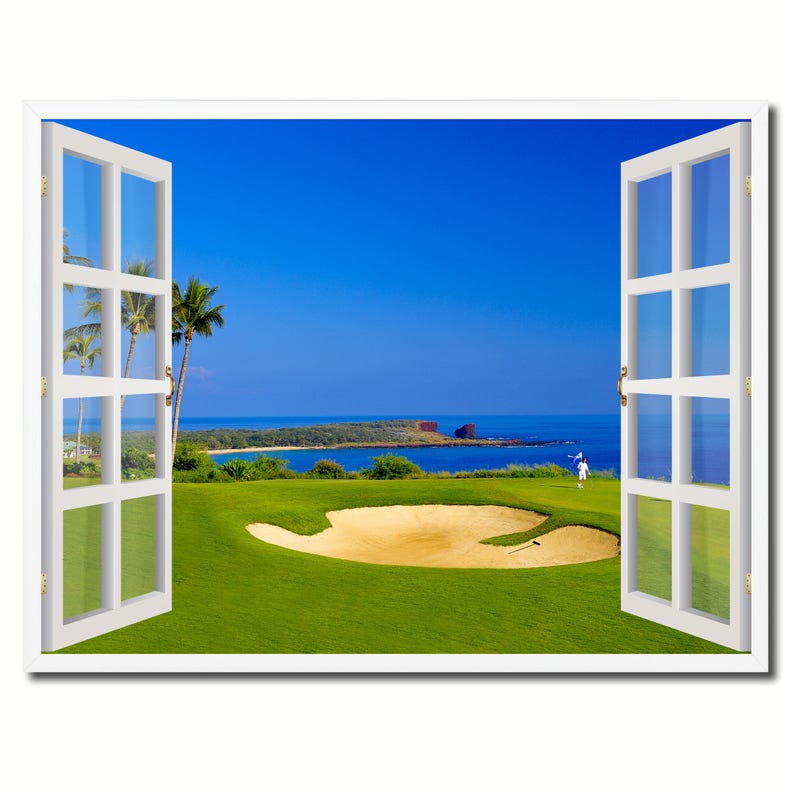 Coastal Golf Course Picture French Window Art Canvas Print with Frame Office Wall Home Decor Collection Gift Ideas image 1