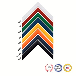 May include: A variety of picture frame moldings in different colors, including white, red, green, blue, yellow, orange, dark blue, and black. The moldings are arranged in a pyramid shape, with the white molding at the top and the black molding at the bottom. The image also includes three seals: "Real Wood Frame", "25 Years of Excellence", and "Hand Made in USA".