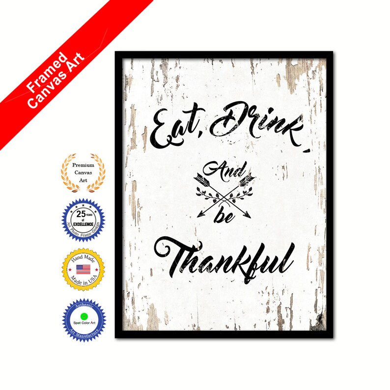 Eat drink & be thankful Happy Quote Saying Canvas Framed Print Wall Art Thanksgiving Gift Ideas Office Home Decor Beach Decorative Art image 1