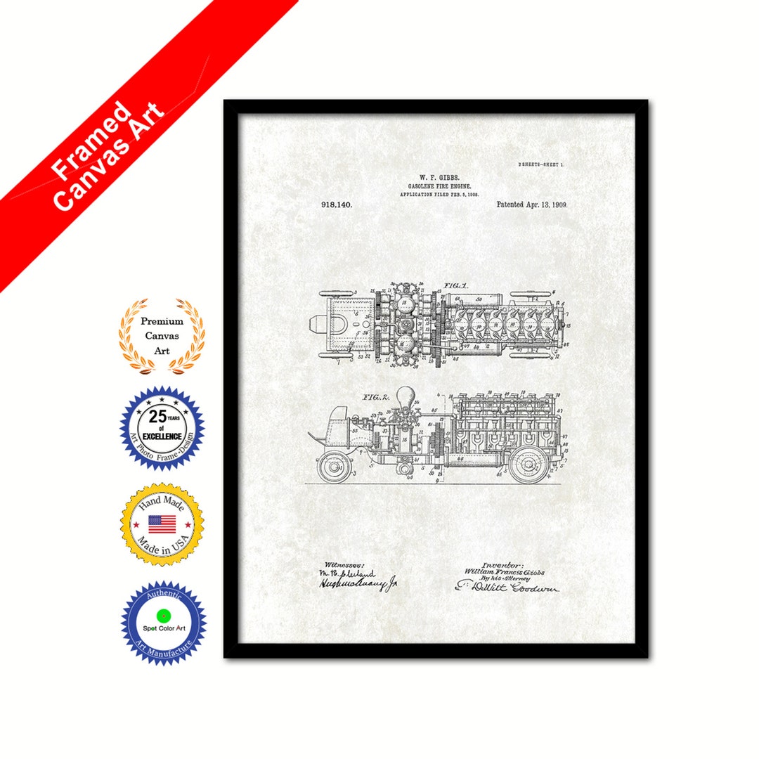 1909 Firefighter Gasoline Fire Engine Vintage Patent Artwork Framed ...