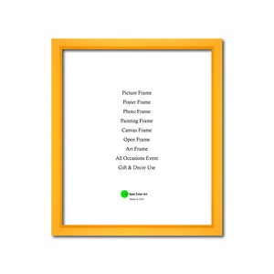 May include: A bright yellow picture frame with a white background. The frame is made in the USA and is suitable for pictures, posters, photos, paintings, canvas, and art. It is also suitable for all occasions and gift and decor use.