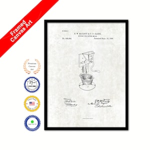 1886 Support for Coffee Mill Grinder Vintage Patent Artwork Framed Canvas Print Office Decor Great for Coffee Spice Lover Cafe Shop