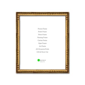 May include: A gold picture frame with a decorative border. The frame is suitable for a picture, poster, photo, painting, canvas, or art. It is also suitable for all occasions and gift and decor use. The frame is made in the USA.
