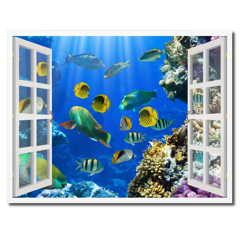 Tropical Island Fish Picture French Window Framed Art Canvas Etsy