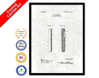 May include: Black and white vintage patent drawing of a clinical thermometer. The patent number is 1,058,840. The patent was granted to W.M. Bevil on April 15, 1912. The drawing shows a side view of the thermometer and a close-up of the thermometer's scale.