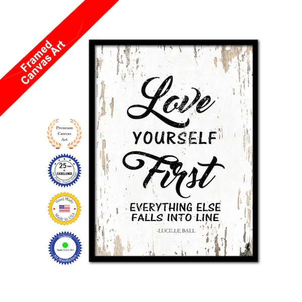 Love yourself first everything else falls into line Lucille Ball Inspirational Quote Canvas Framed Print Wall Art Office Gift Idea Decor Art