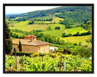 May include: A stone farmhouse with a terracotta roof sits on a hillside overlooking rolling green vineyards. The farmhouse is surrounded by lush greenery and trees, with a view of distant hills in the background.