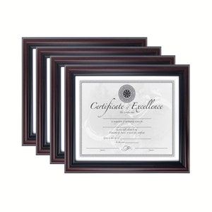 May include: Set of four brown wood picture frames with black matting. Each frame is 8x10 inches and features a certificate of excellence.