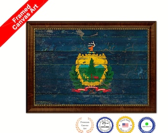 Vermont Vintage Flag Gifts Home Decor Wall Art Decorative Framed Canvas Print Rustic Urban Office Handcrafted Man Cave wall Hanging