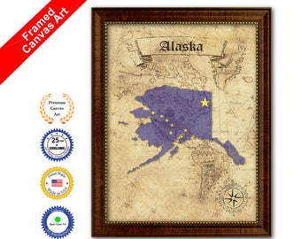 Alaska State Vintage Flag Gifts Home Decor Wall Art Canvas Print with Custom Picture Frame in Black or Brown Gold