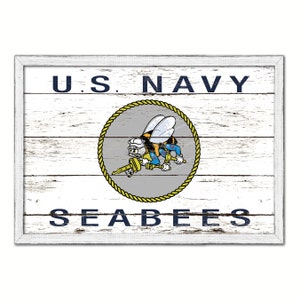 US Navy Seabees Military Flag White Wash Wood or Black Frame Cottage Shabby Chic Gifts Home Decor Wall Art Canvas Print