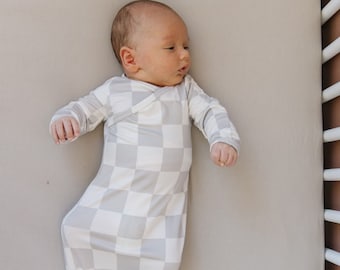 Knotted Sleeper Gown | Taupe Check |  Kimono Style |  Newborn Gown |  Baby Gift | Hospital outfit | Knotted Gown|Gender Neutral Modern