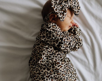 Cheetah Kimono Style Knotted Sleeper Gown,0-3 m, BOW SOLD SEPARATELY,Newborn Gown, Baby Gift, Newborn, Baby Gown, Knotted Gown, Animal Print