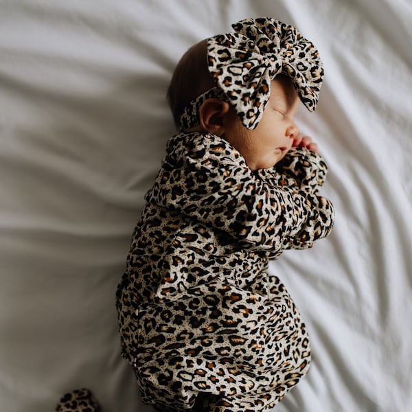 Cheetah Kimono Style Knotted Sleeper Gown,0-3 m, BOW SOLD SEPARATELY,Newborn Gown, Baby Gift, Newborn, Baby Gown, Knotted Gown, Animal Print