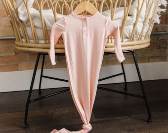 Peach Bamboo Sleeper Gown Crew Neck, Pink, 0-3M, Stretchy Fabric, Knotted Sleeper gown, Baby Gown, Coming home from Hospital, Baby Shower