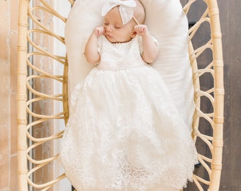 The Sloan White Lace Overlay Dress w/ Pink Sash , (FINAL SALE) White Lace Overlay Christening Dress, White Baptism Dress