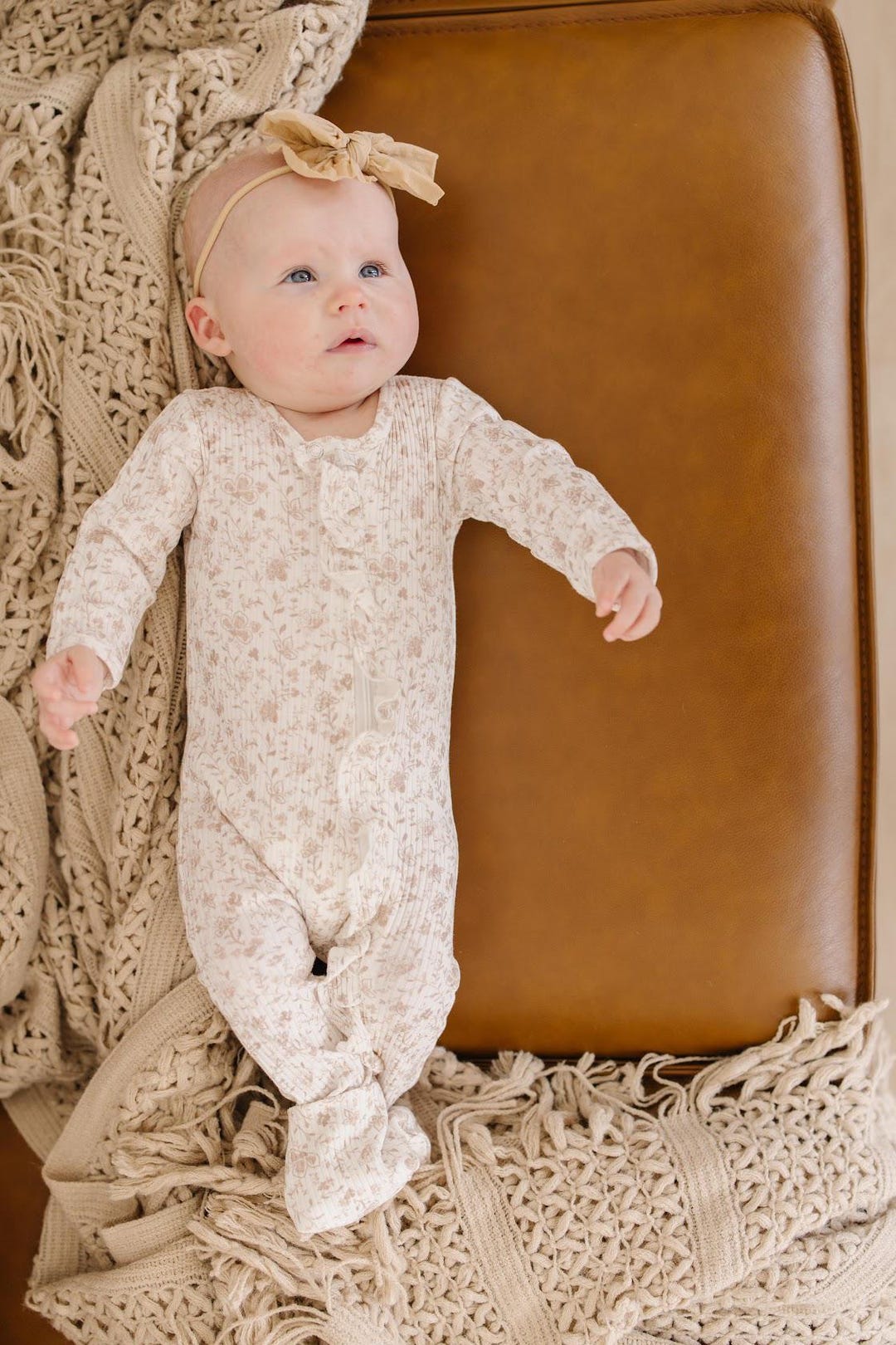 Light Mauve Floral Ruffle Sleeper: Ribbed Cotton Romper With Fold-over ...