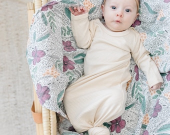 Oatmeal/Cream Stripe Organic Cotton Newborn Sleeper Gown, Crew Neck, Knotted gown, Baby Gown, Coming home from Hospital, Gender Neutral