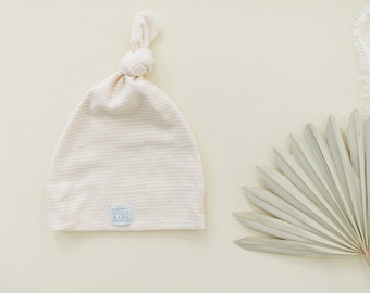 Oatmeal/Cream Stripe Organic Cotton Newborn Hat, Baby Gift, Top Knot Hat, Baby Beanie, Hospital Beanie, Neutral color, unisex baby hat