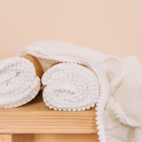 Organic Bamboo Swaddle Blanket With White Pom Pom Edge Etsy