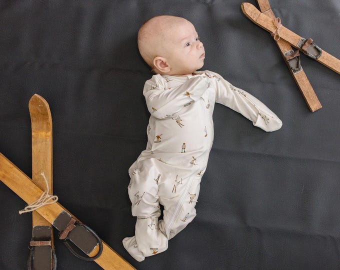 Ski Theme Baby Sleeper: Milk Silk Footed Pajamas with Fold-Over Cuffs, Snowboarding, Zipper Jammies