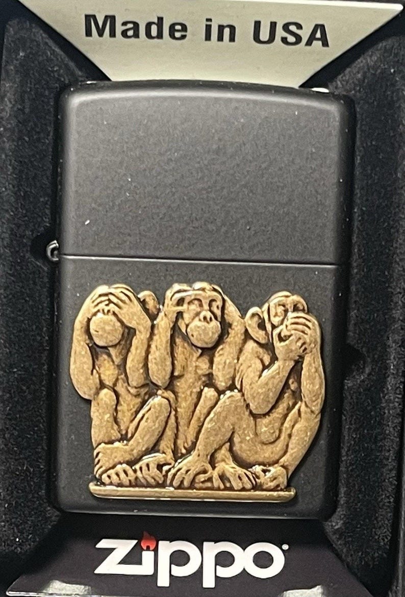 Zippo Three Monkeys Black Matte Windproof Pocket Lighter, 29409 image 1