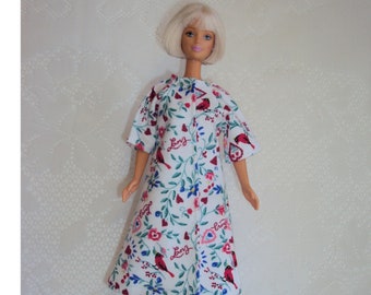 Birds & flowers robe for Barbie, open front style,  flannelette, handmade