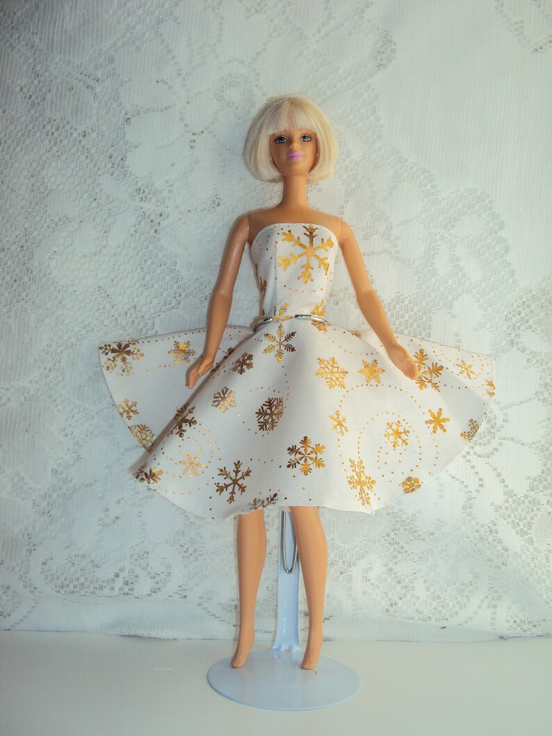 White Strapless Ball Gown with Little Green Flowers Made to Fit Barbie Doll