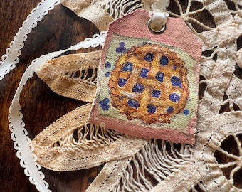 Blueberry Pie - Handpainted Cottagecore Tea Bag Art Bookmark, Luggage Tag, Upcycled Denim, Vintage Ribbon, Bookworm, Traveler