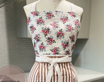 Handmade Ruffled Apron: Vintage Rose, Caramel Stripes, Cotton
