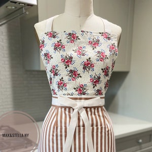 Handmade Ruffled Apron: Vintage Rose, Caramel Stripes, Cotton