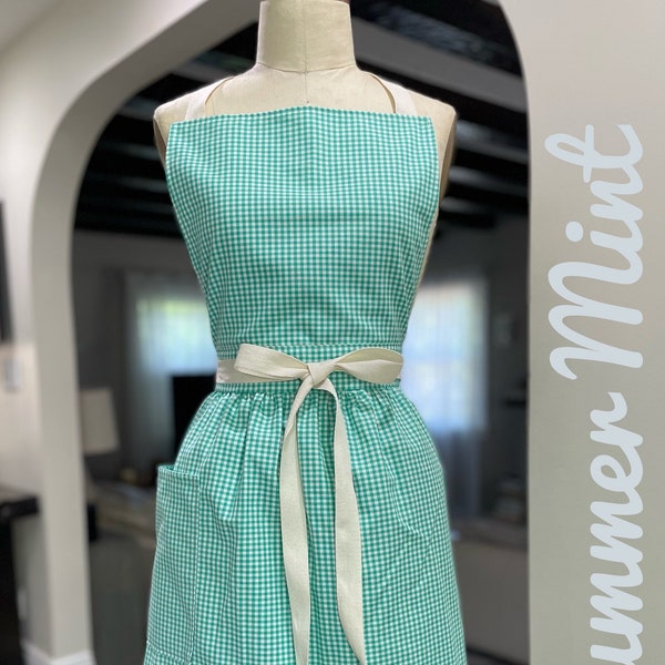 Summer mint, Carolina gingham Apron, Vintage, Chic, Apron dress, Aprons for women, Apron with pocket, Lightweight, Handmade, gift for her