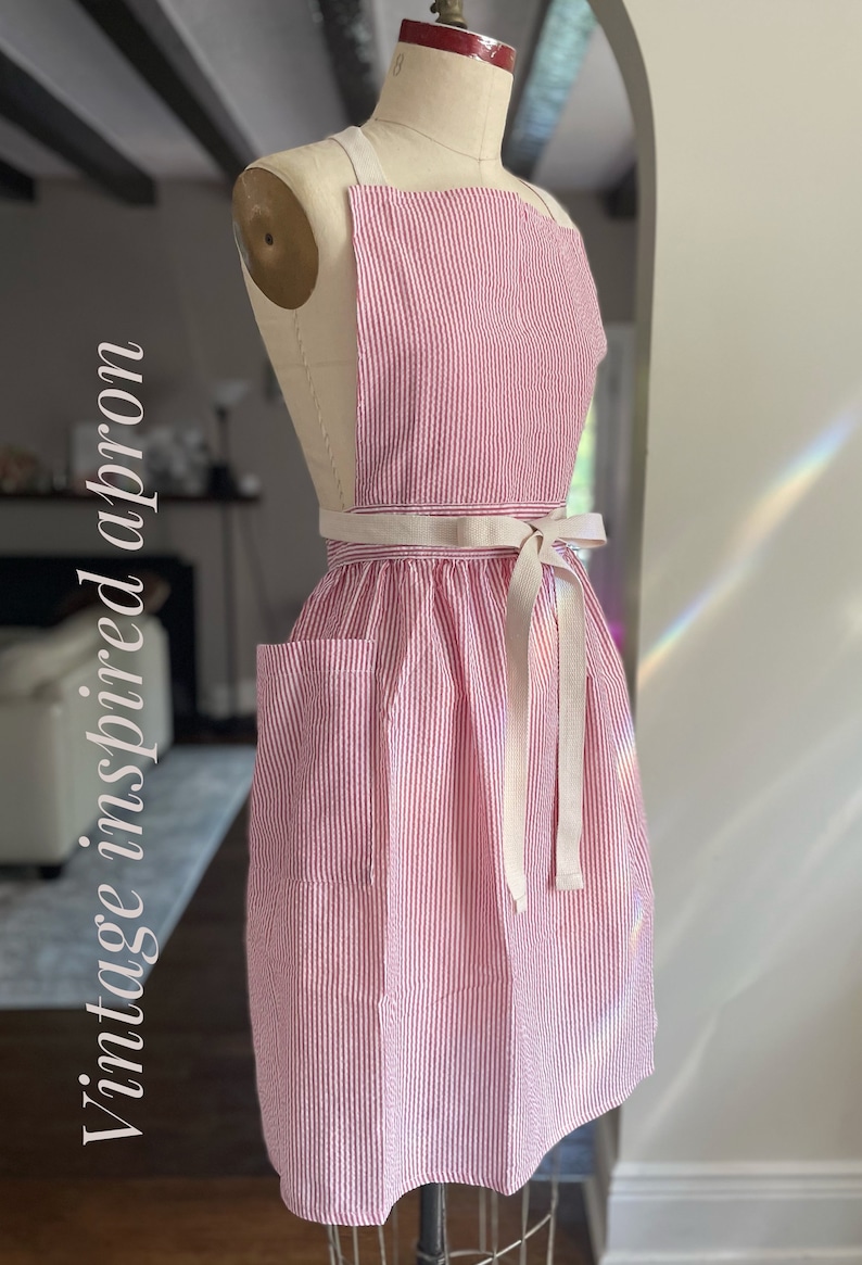 Vintage Inspired Apron,Seersucker,Apron dress,stripes, Aprons for women, Apron with pocket,baking apron,gift for her image 4