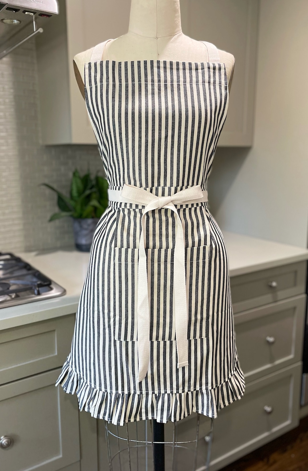 Striped Bib Apron With Ruffles: Handmade Cotton Blend Apron Dress - Etsy
