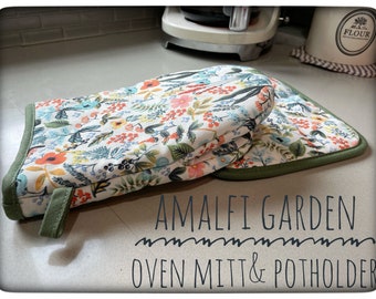 Oven mitts+pot holder set,Amalfi garden oven mitten, Floral oven mitts, Matching apron available,Baking glove set,Holiday gift, gift for her