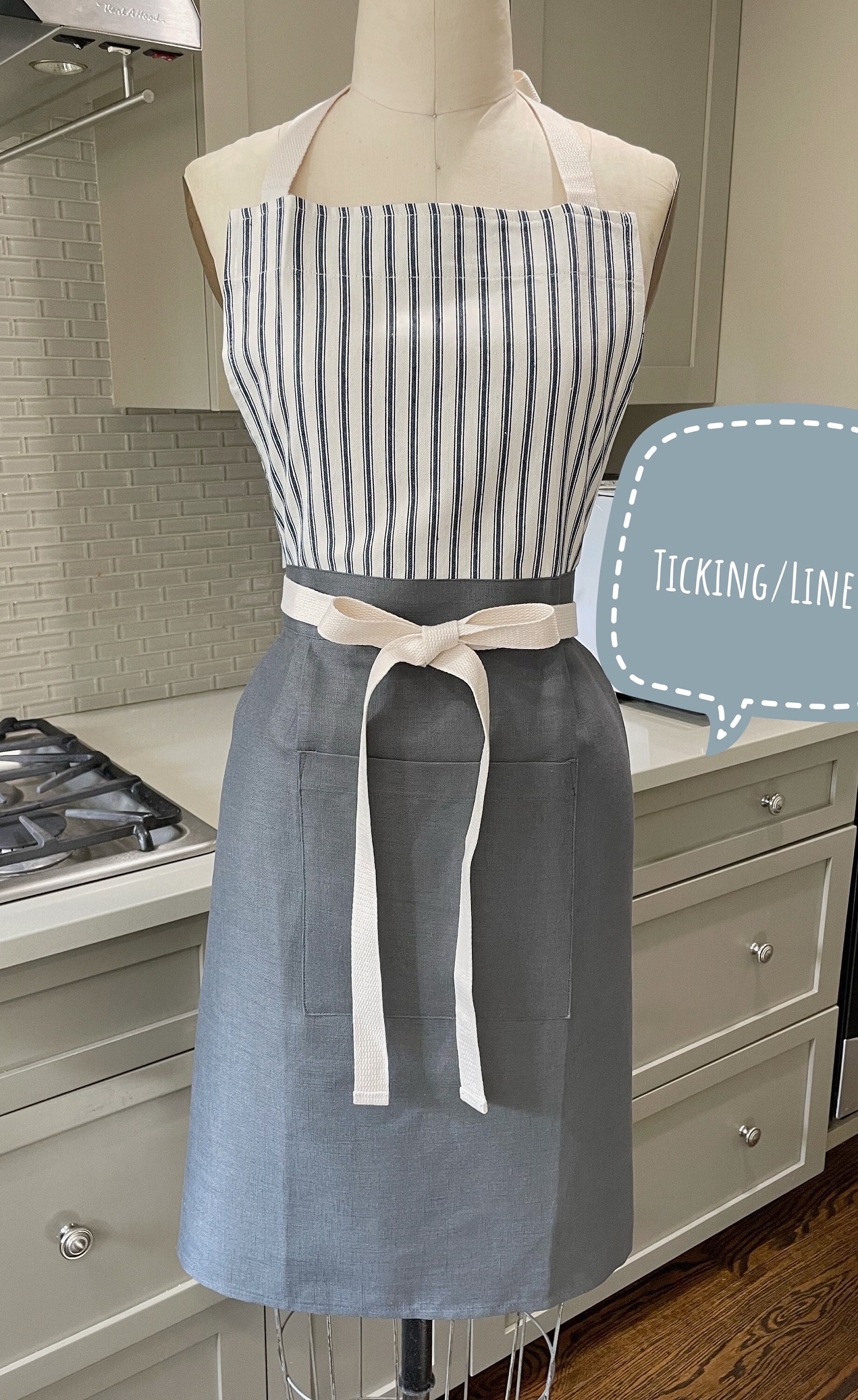 Farmhouse Linen Apron: Gray Ticking Stripe, Pocket Apron Dress