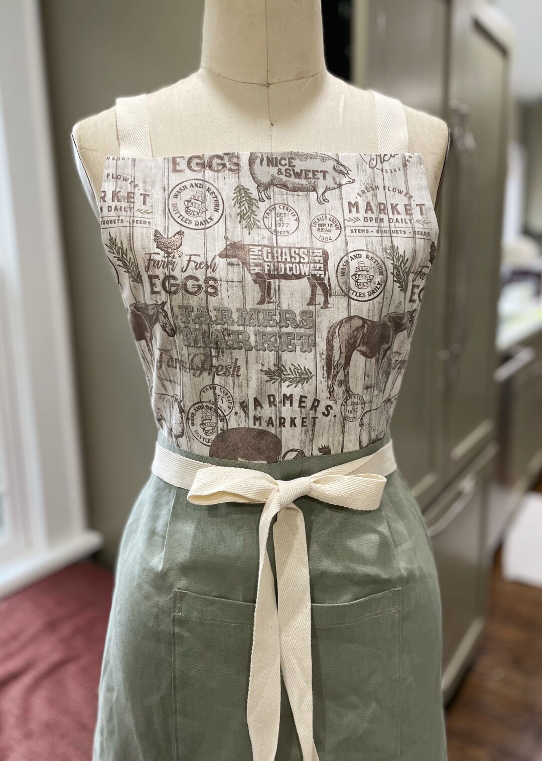 Farm Apron Rustic Sage Green Linen Apron Apron Dress Etsy