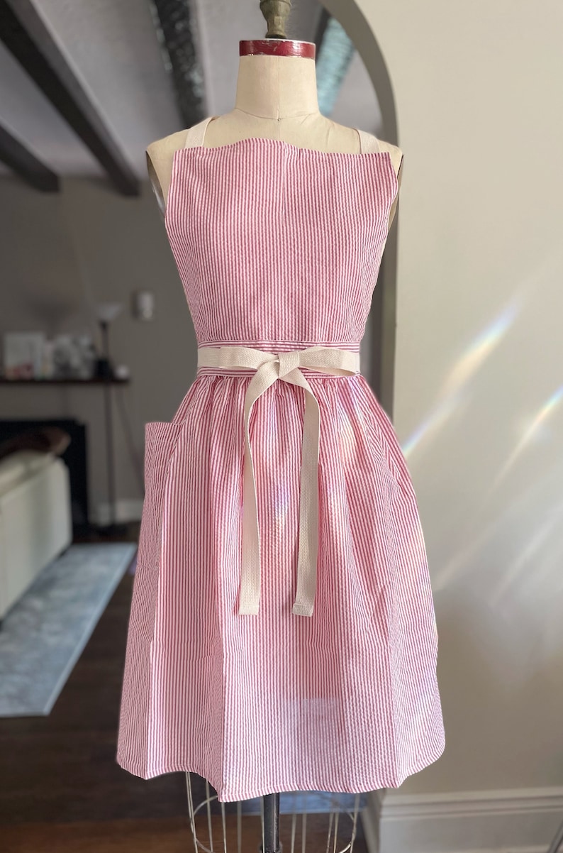 Vintage Inspired Apron,Seersucker,Apron dress,stripes, Aprons for women, Apron with pocket,baking apron,gift for her image 5