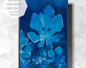 Blue Cyanotype, Art to print, hand-printed with fig leaves, minimalist style to decorate your home or office. Interior