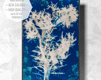 Blue Cyanotype, Art to print, hand printed with plants, minimalist style to decorate your home or office. Interior