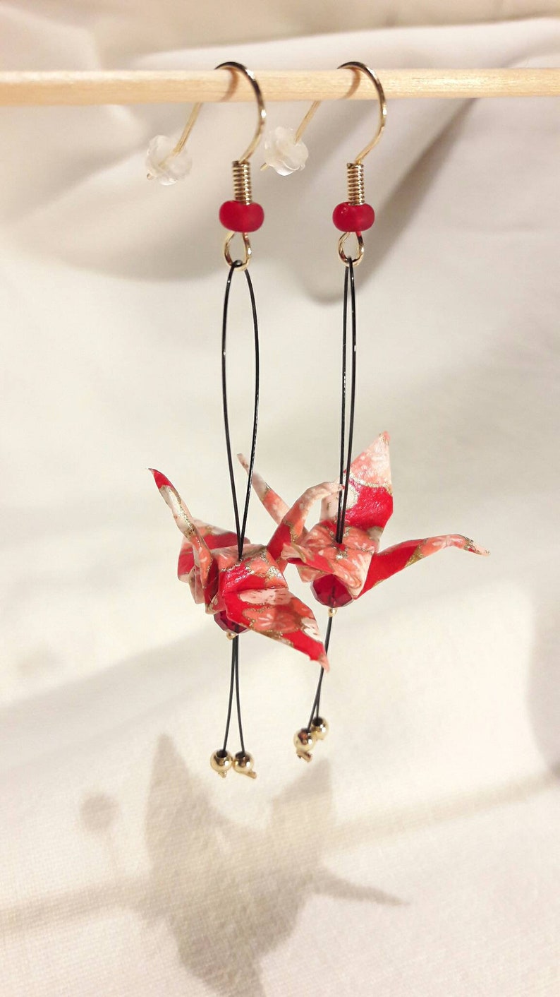 Boucles d'oreilles ORIGAMI grue Rouge rose or