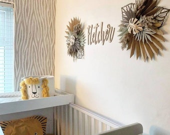 Jongens Jungle Safari Wall Decor // palmblad kunst aan de muur - leeuwenmuurkunst voor jongens - jongens jungle muurkunst - neutrale kinderkamerdecoratie