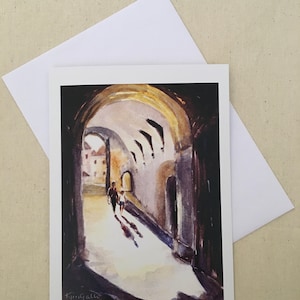 Arco iluminado pelo sol, Cracóvia, cartão de felicitações em branco de 5 x 7 polegadas com envelope em saco de celofane. Impressões de minhas pinturas em aquarela originais